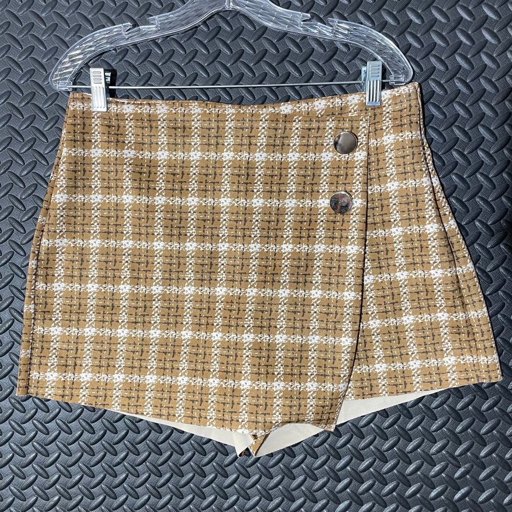 Blāshe Tan Checkered Pattern Mini Skirt Women‎ Night Out Stretchy Size XL